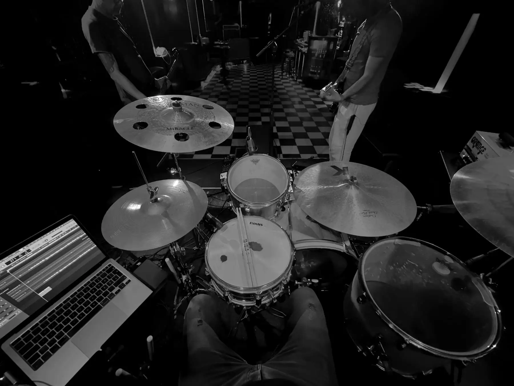 View from the drummer's seat across the kit
