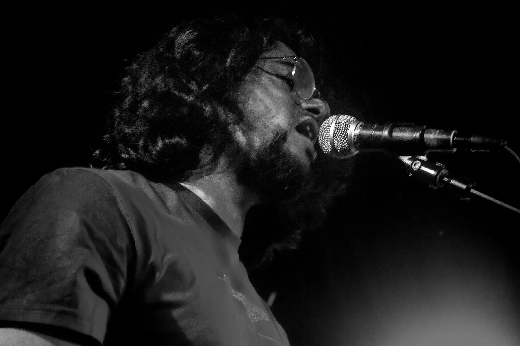 Singer at the microphone, shot from below against a black background